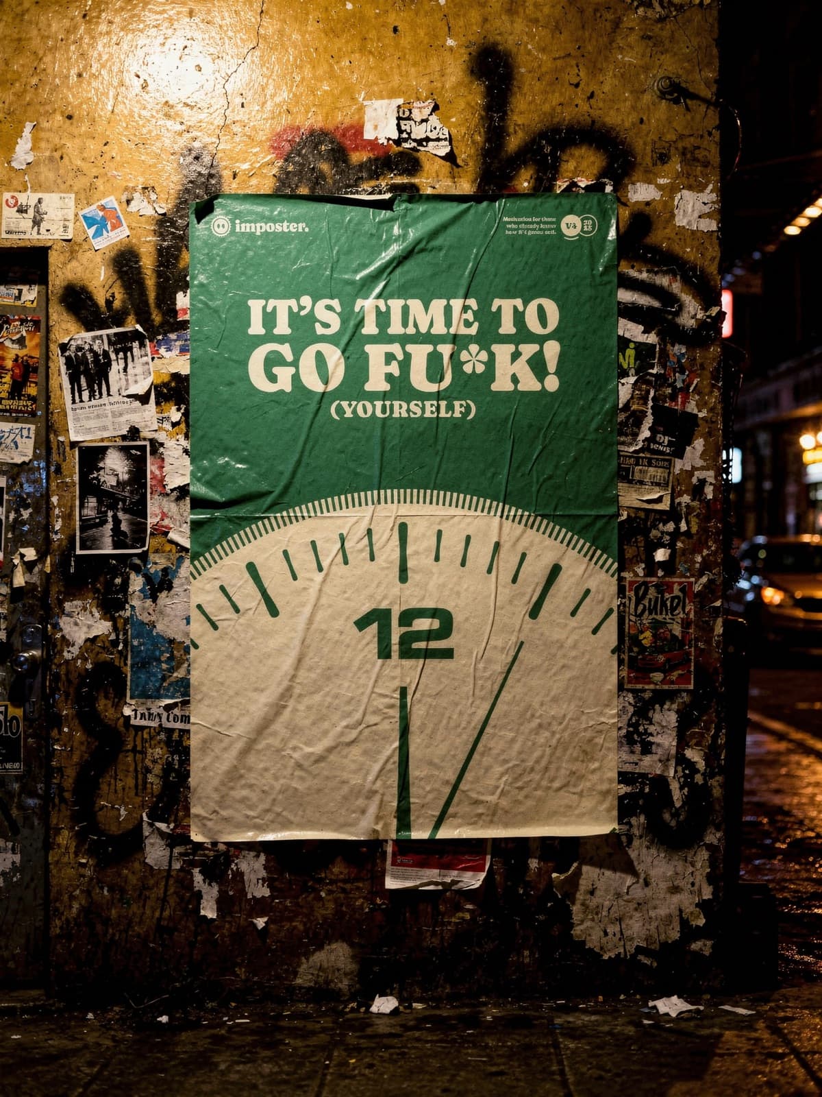 It's Time To Go Fu*k (Yourself) pasted on a wall at night